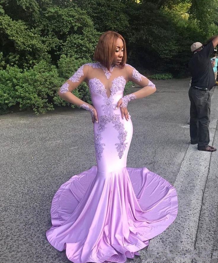 Sirena lila Vestidos de baile 2019 Nuevo Manga larga Barrido Ilusión Tensión Cuello alto Vestido de Sirena lila Vestidos de baile 2019 Nuevo Manga larga Barrido Ilusión Tensión Cuello alto Vestido de