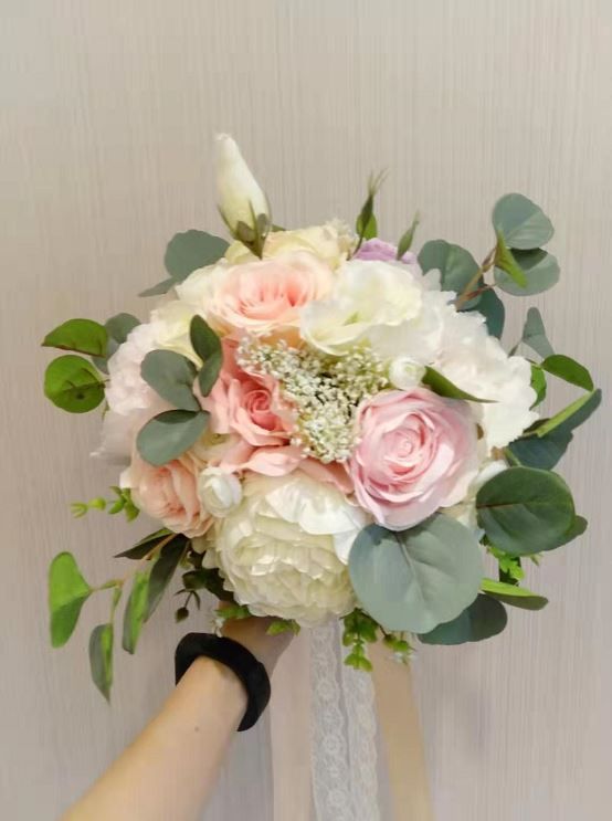 Custom French Country Wedding Bouquet Pink Rose White Eustoma
