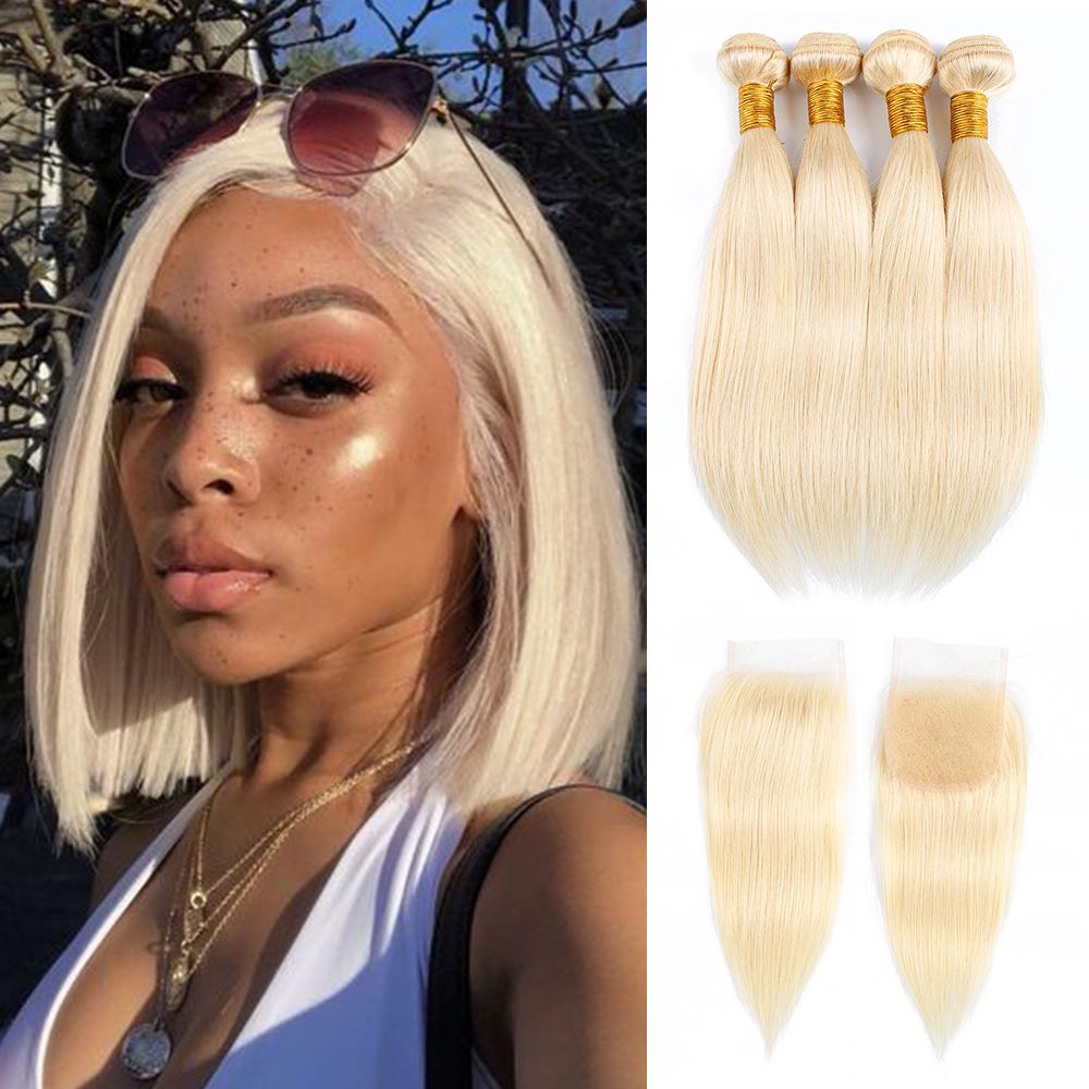 613 Blonde Hair Bundles With Closure Peruvian Straight Hair Short