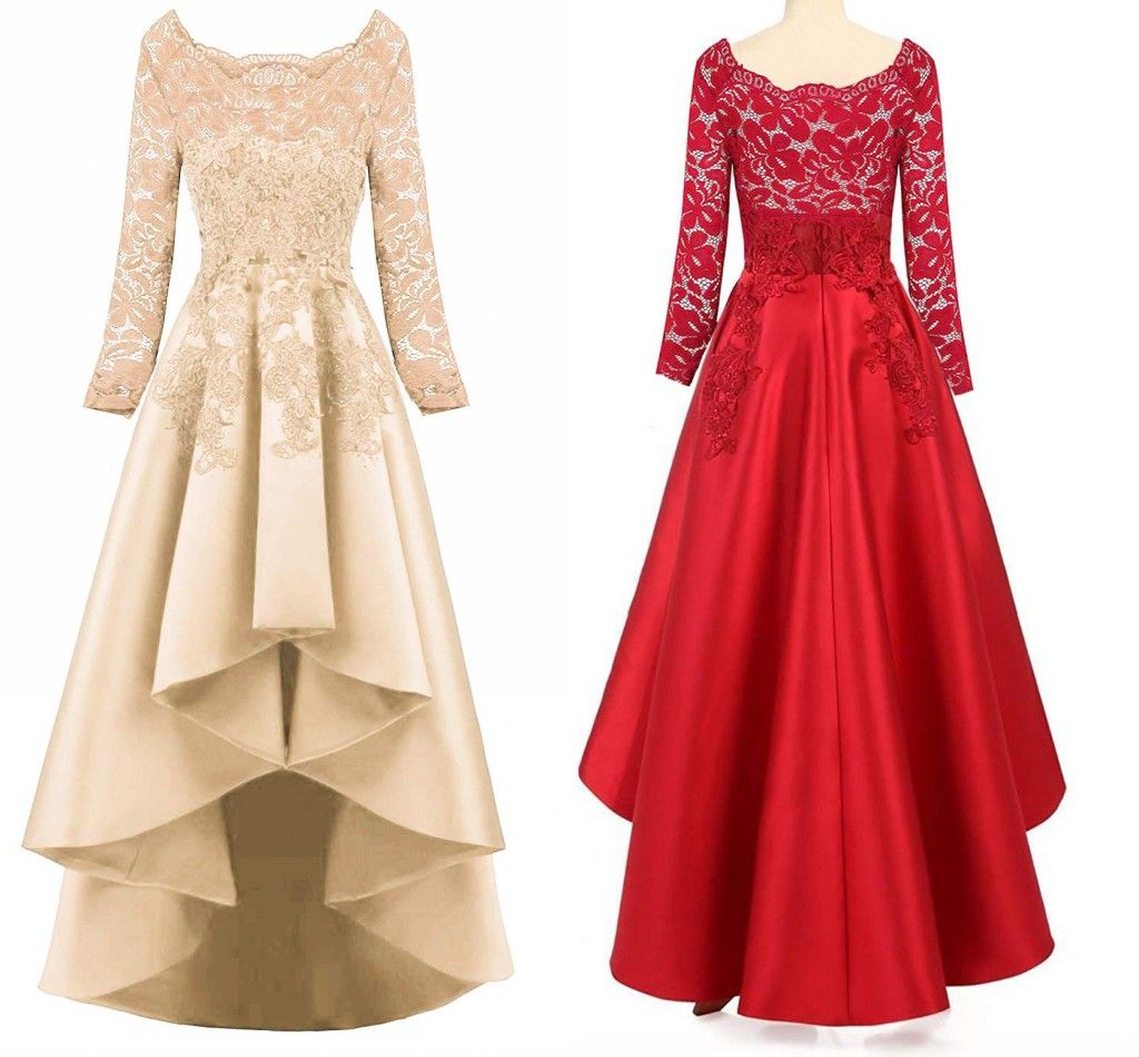 Compre Champagne Satin High Low Vestidos De Baile Con Manga Larga Ilusion Blusa Apliques De Encaje Rojo Vestidos De Fiesta Formales Vestido De Regreso Con Cremallera Volver A 74 31 Del Bridalmall