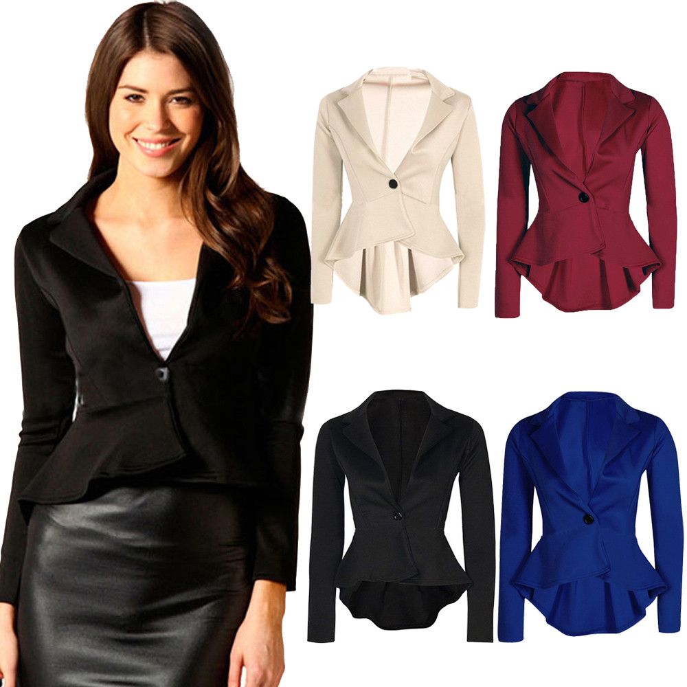 New Ladies Crop Frill Shift Slim Fit Peplum Blazer Jacket Coat Size Small 3XL