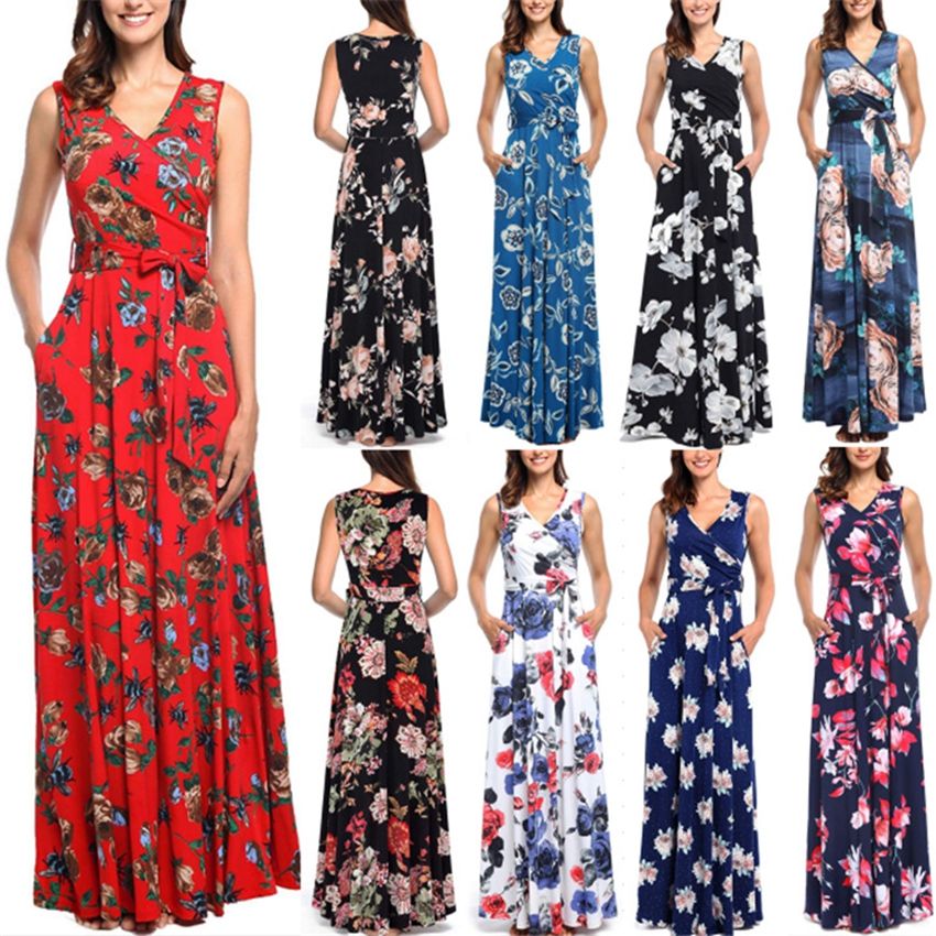2020 Women Floral Print Casual Dress Summer Long Vest Dresses With Pocket Beach Plus Size Maxi Dress Ljjk2019 From Top Toy 12 98 Dhgate Com