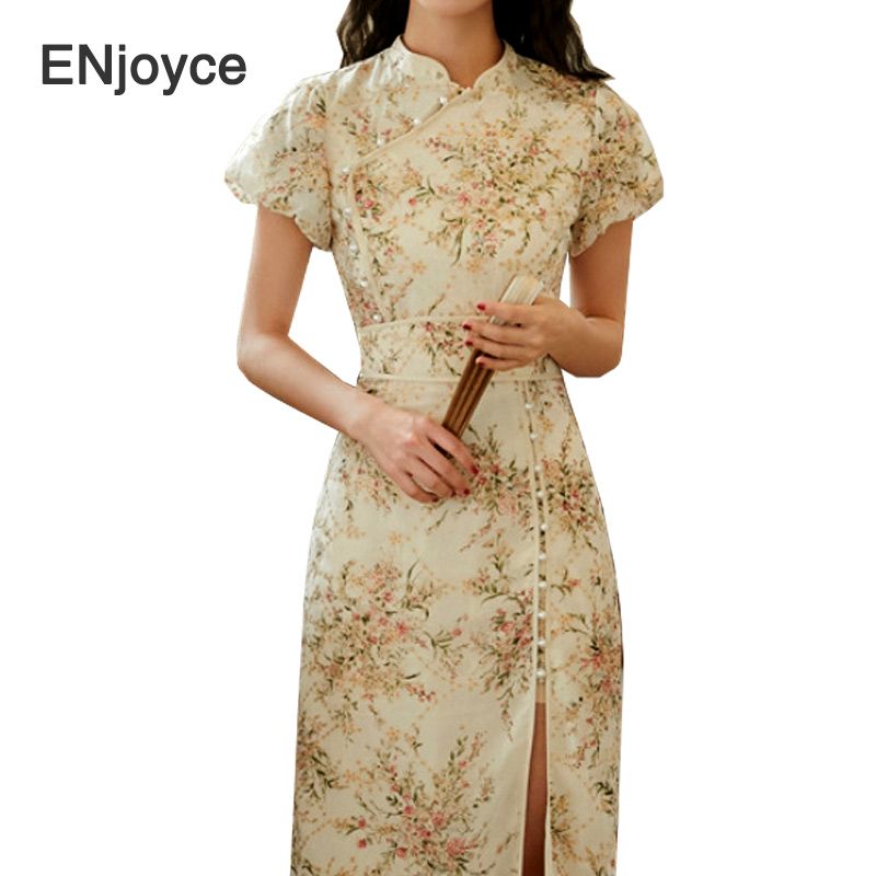 2020 Summer Floral Split Long Cheongsams Qipao Girl Dress Modern