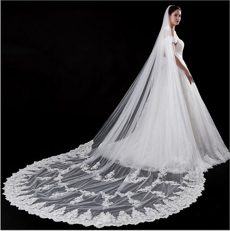 Lace Appliques White Ivory Cathedral Wedding Veils Long Lace Bridal Veil with Comb Wedding Accessories veils