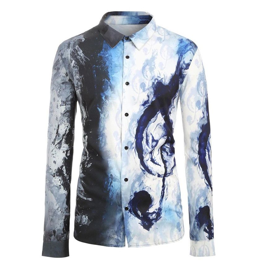 YYear Mens Lapel Printed Slim Casual Long Sleeve Button Down Shirt