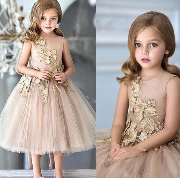 A Line Princess Short Flower Girl Dresses Sleeveless With Gold Lace