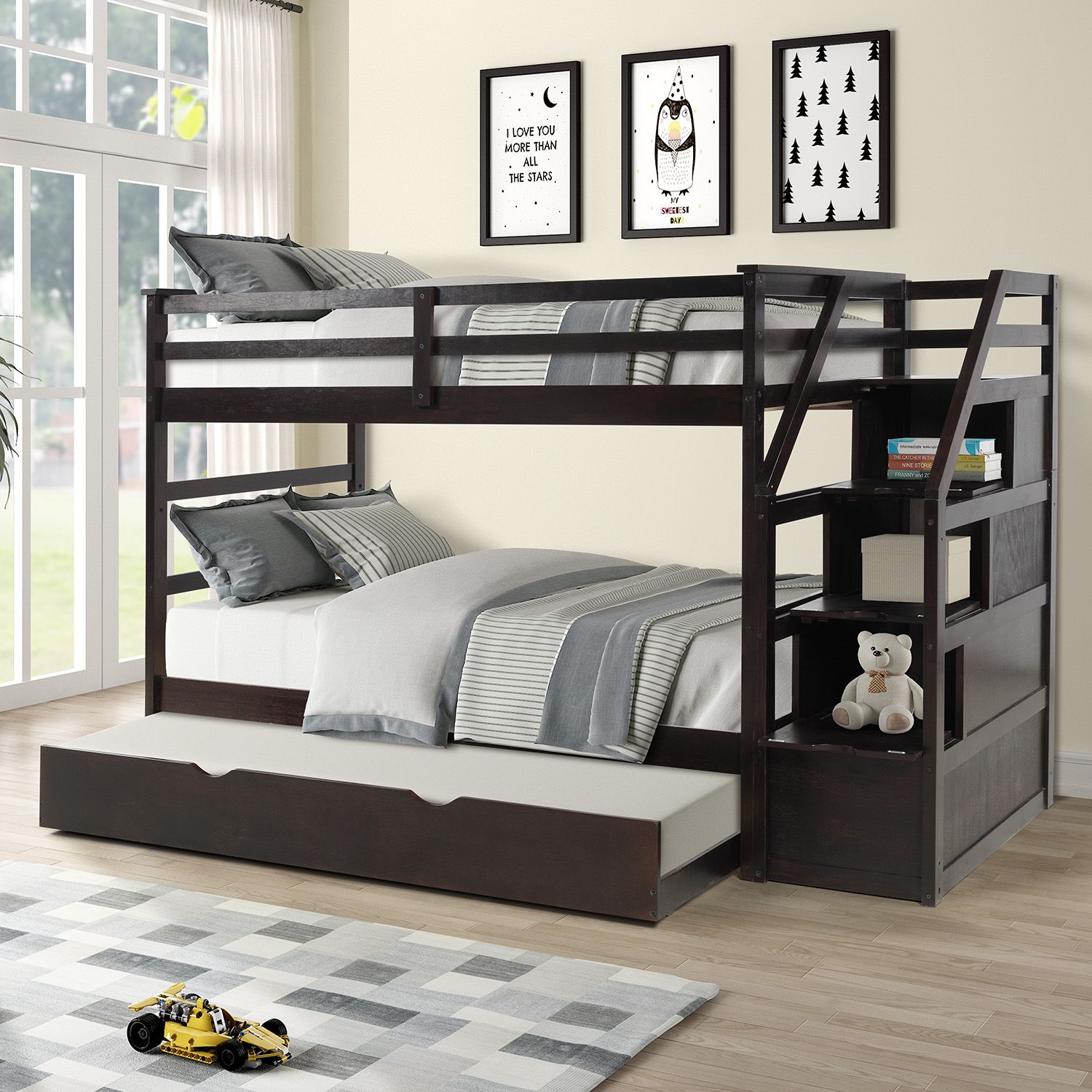 2020 Twin Over Twin Trundle Bunk Bed 3 Storage Drawers Espresso