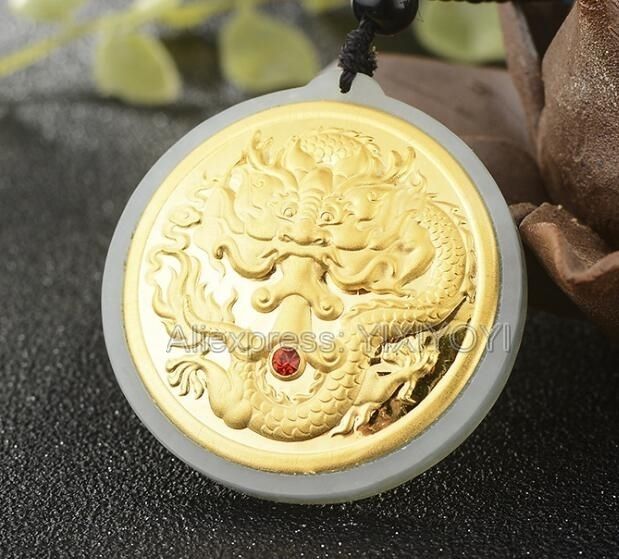 

natural white hetian jade + 18k solid gold inlaid carved dragon head lucky pendant + rope necklace fine jewelry + certificate11, Silver