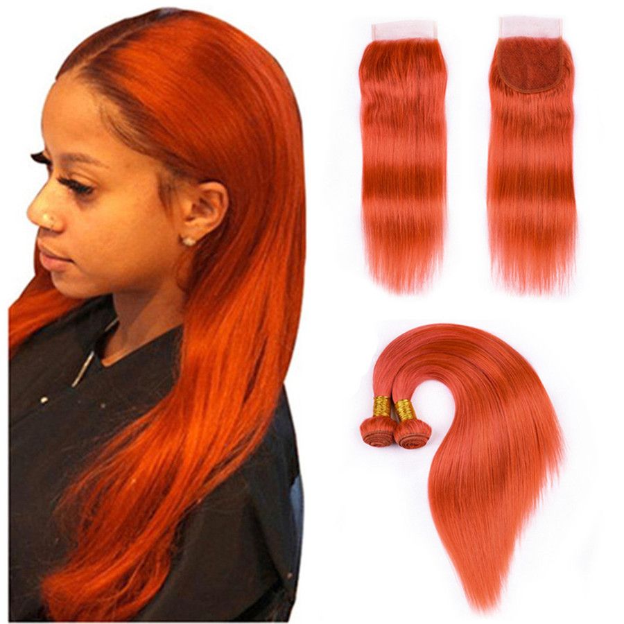 2020 Burnt Orange Lace Closure With Bundles Silky Straight Orange