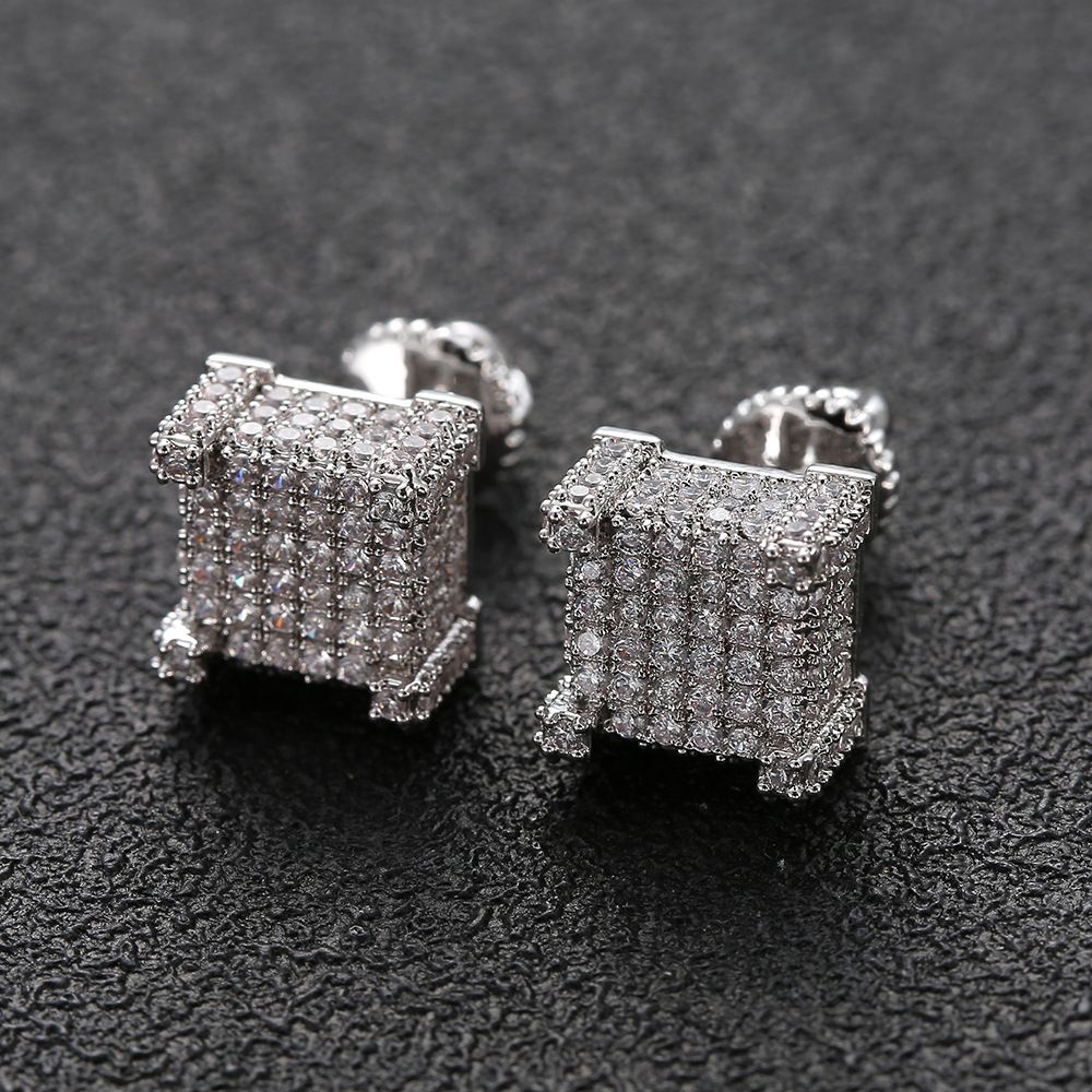 2021 Hip Hop Earrings For Men Gold Silver Iced Out CZ Square Stud ...