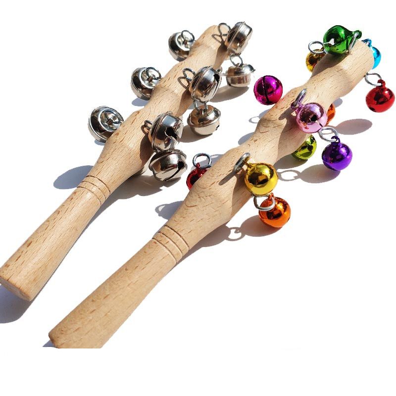 2021 Wooden Hand Held Sleigh Jingle Bell Stick With 13 Rainbow Metal Jingles Percussion Musical