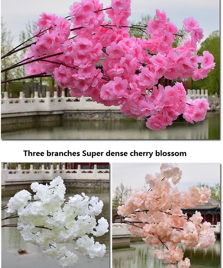 Venda por atacado flor de cerejeira artificial três galhos ceia densa flor  para casamento e decorações de casa seda Sakura