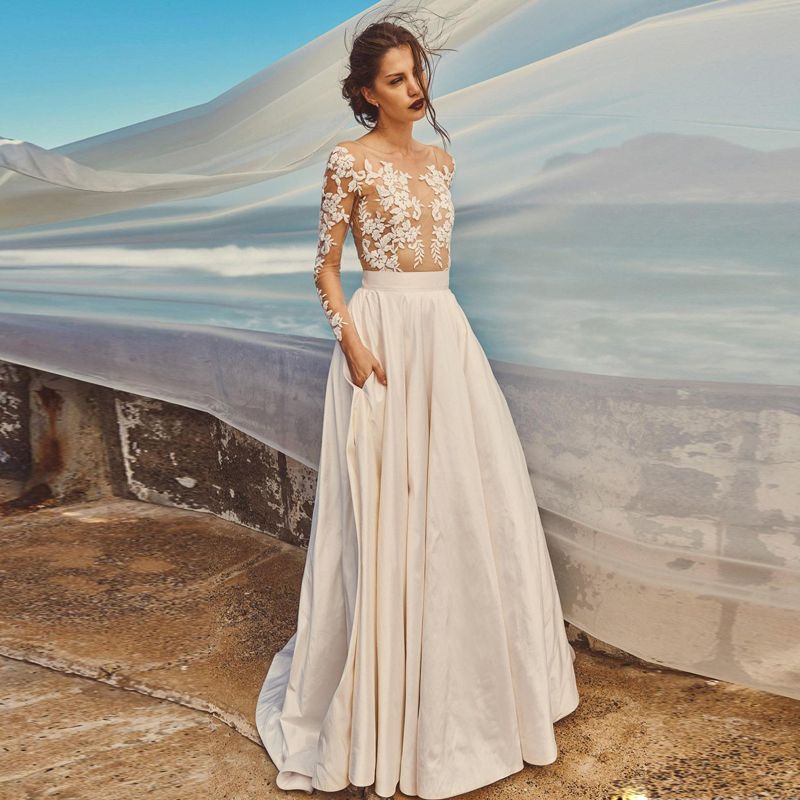 Acquistare 2019 Bohemian Illusion Corpetto Pizzo Appliques Abito Da Sposa  In Spiaggia Con Tasca Gioiello Collo Manica Intera Paese Abito Da Sposa  Abito Da Sposa In Raso Economico | Consegna Veloce E