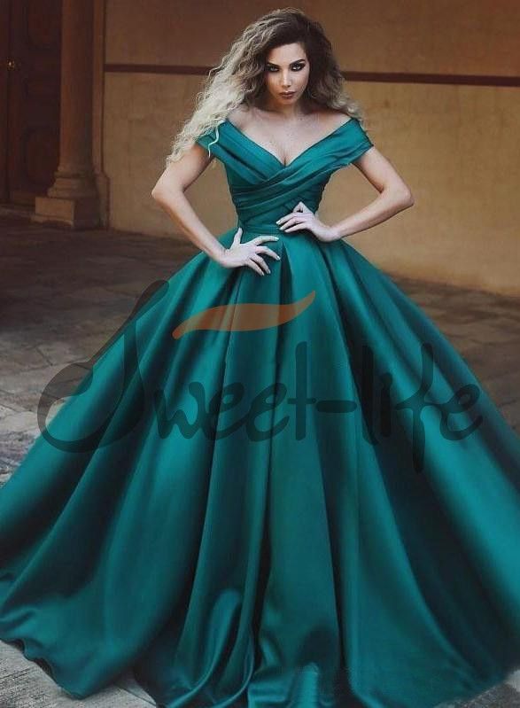 Dark Teal Off Shoulder Evening Dresses 
