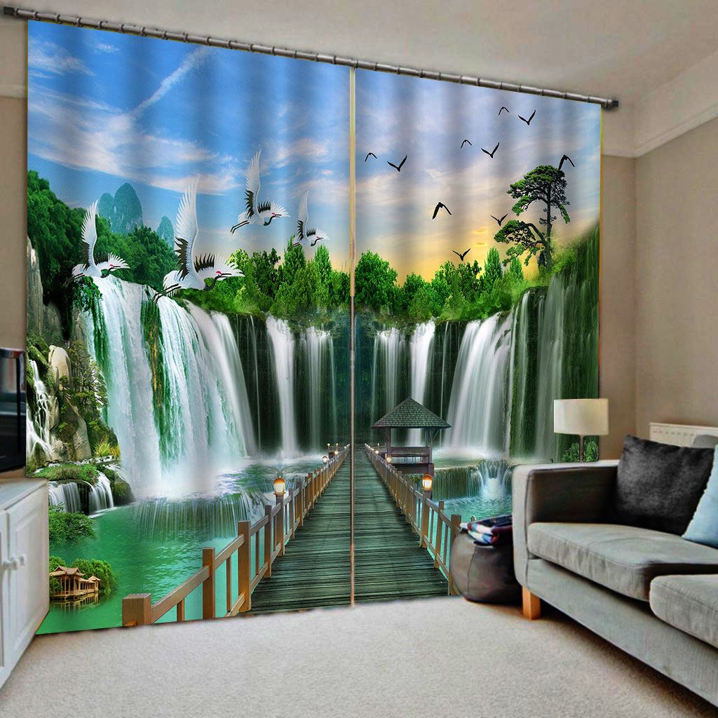 Autumn Woods Waterfall 3D Photo Printing Window Curtains Blockout Drapes Fabric