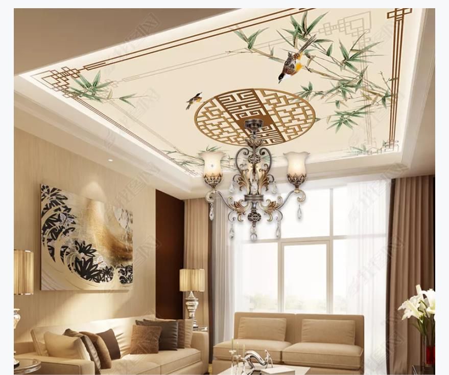 3d Zenith Mural Photo Custom Wallpaper Interior Decoration Chinese Border Green Bamboo Flowers And Birds Zenith Ceiling Background Mural Images On