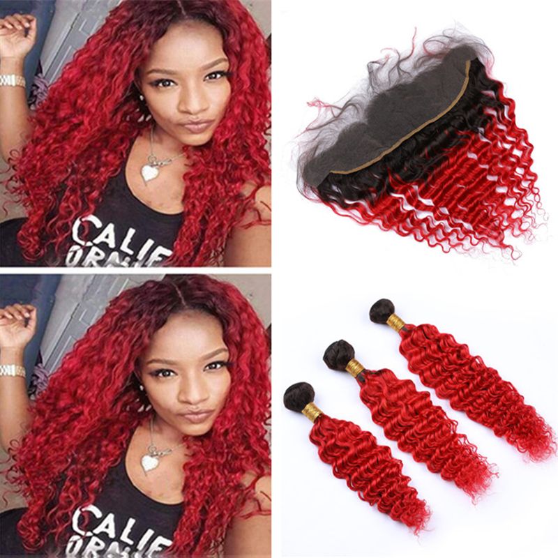 2020 Black And Red Ombre Human Hair Bundles With Frontal ...