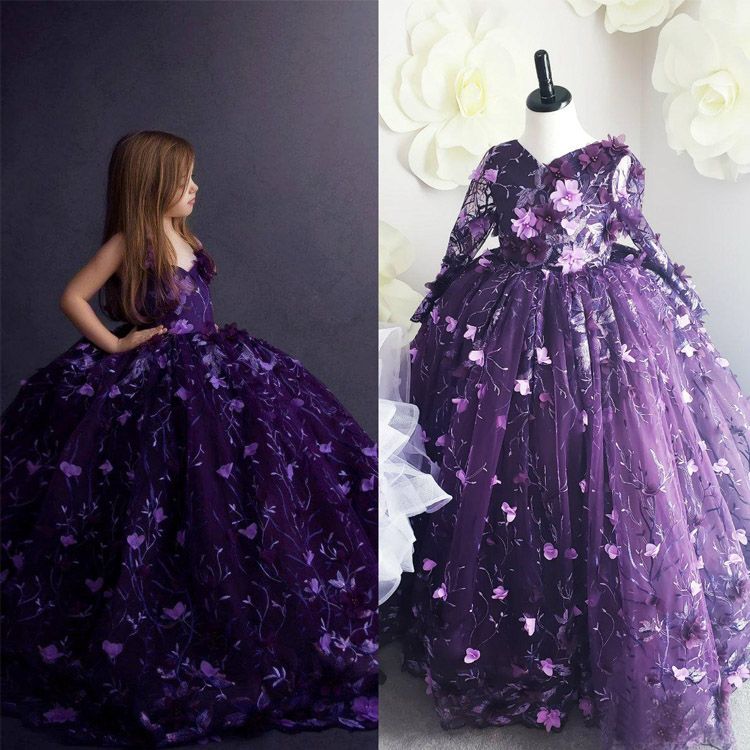 Purple Flower Girls Dresses For Wedding Puffy Floor Length Kids Birthday Pageant Formal Wear