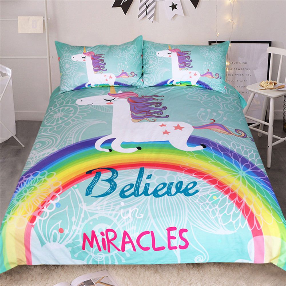 King Size Bedding Set Unicorn Cartoon Cute Rainbow Duvet Cover For
