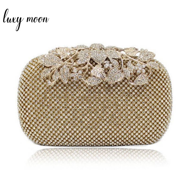 Luxy Moon Flower Crystal Women Clutch Bags Luxury Diamond Gold