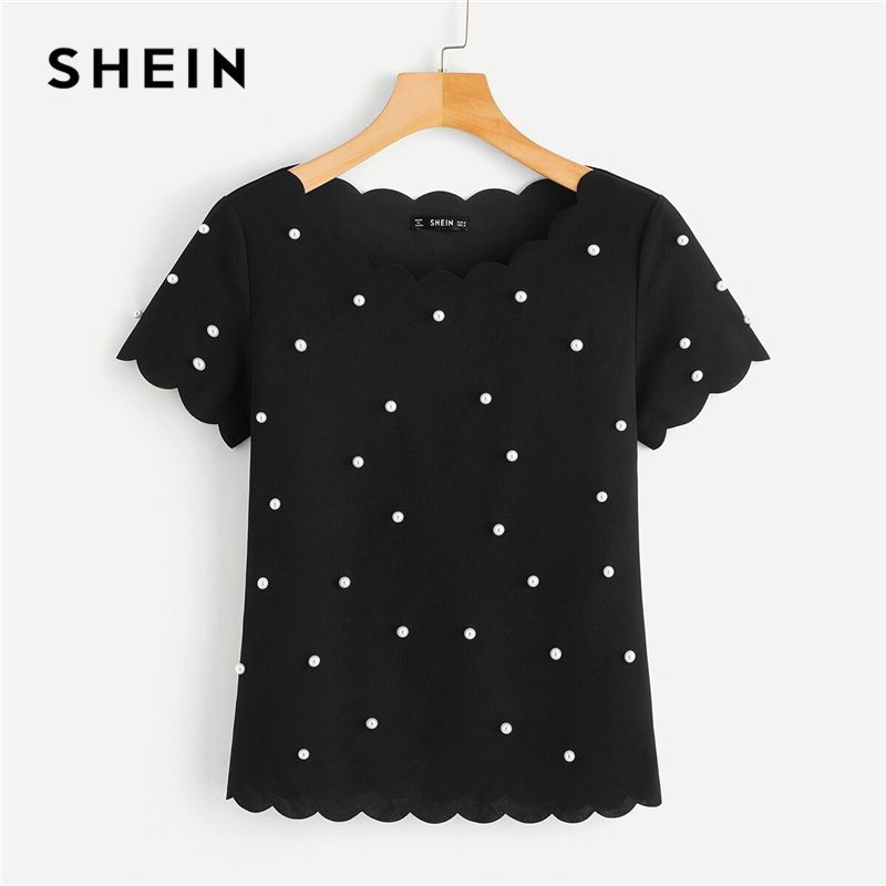 Compre Camisetas De Las Blusas Para Mujer SheIn Scallop Trim Pearls Top Con  Cuentas 2021 Sólido Elegante Slim Fit Summer Manga Corta Mujer Ropa Tops Y  A 20,96 € Del Duanhu | Es.Dhgate.Com