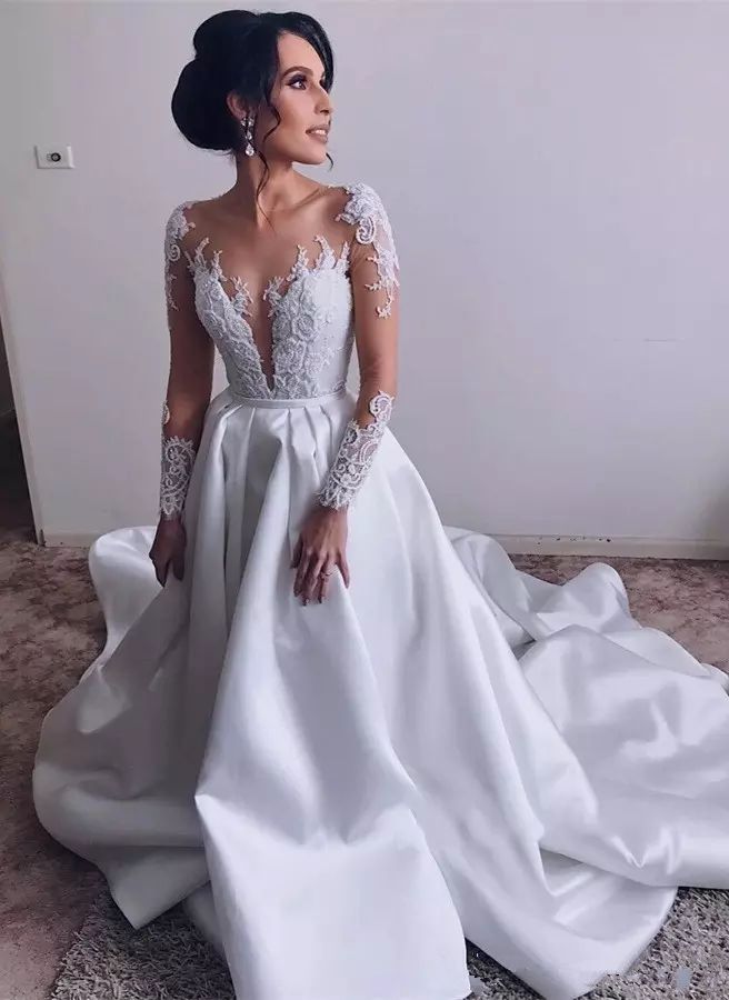 Vestidos de novia manga larga 2021 vestidos de de encaje en venta Sheer