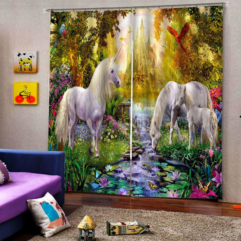 2020 Fantasy Fairy Forest Unicorn White Horse Castle Curtain