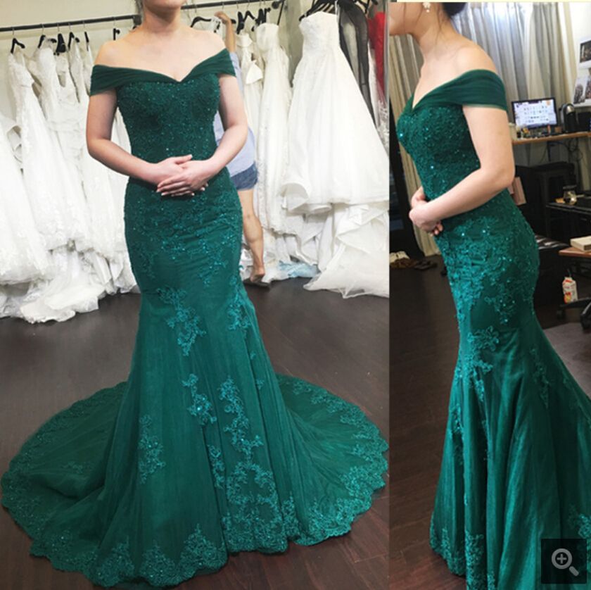 Compre Robe De Soiree Apliques De Encaje De Sirena Verde Oscuro Vestido De  Fiesta Fuera Del Hombro V Escote Corte Corsé De Tren Con Cuentas Vestidos  De Fiesta A 171,63 € Del