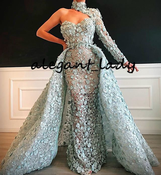 Valdrin Sahiti High Neck Prom Pageant Dresses Mint One Shoulder Long Sleeve Luxury Lace 3d Floral Evening Wear Gowns With Detachable Train From Alegant Lady 302 22 Dhgate Com