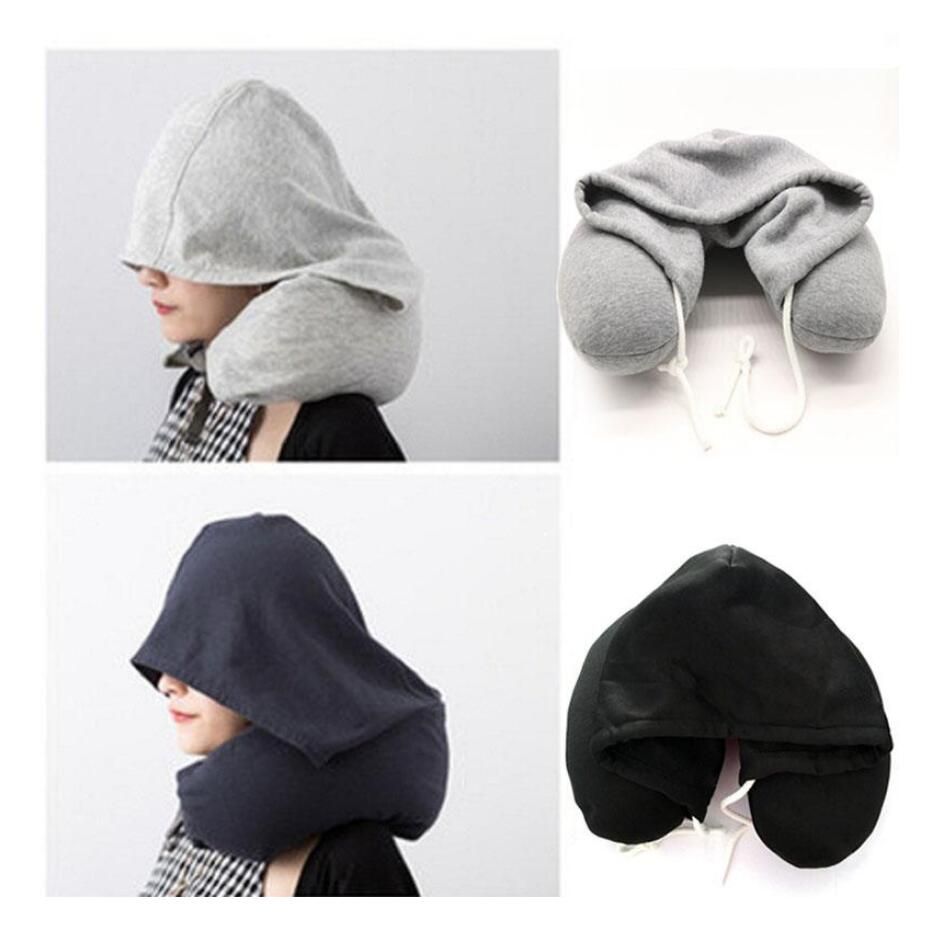 Soft Hooded U Pillow Body Neck Pillow Solid Grey Nap Cotton