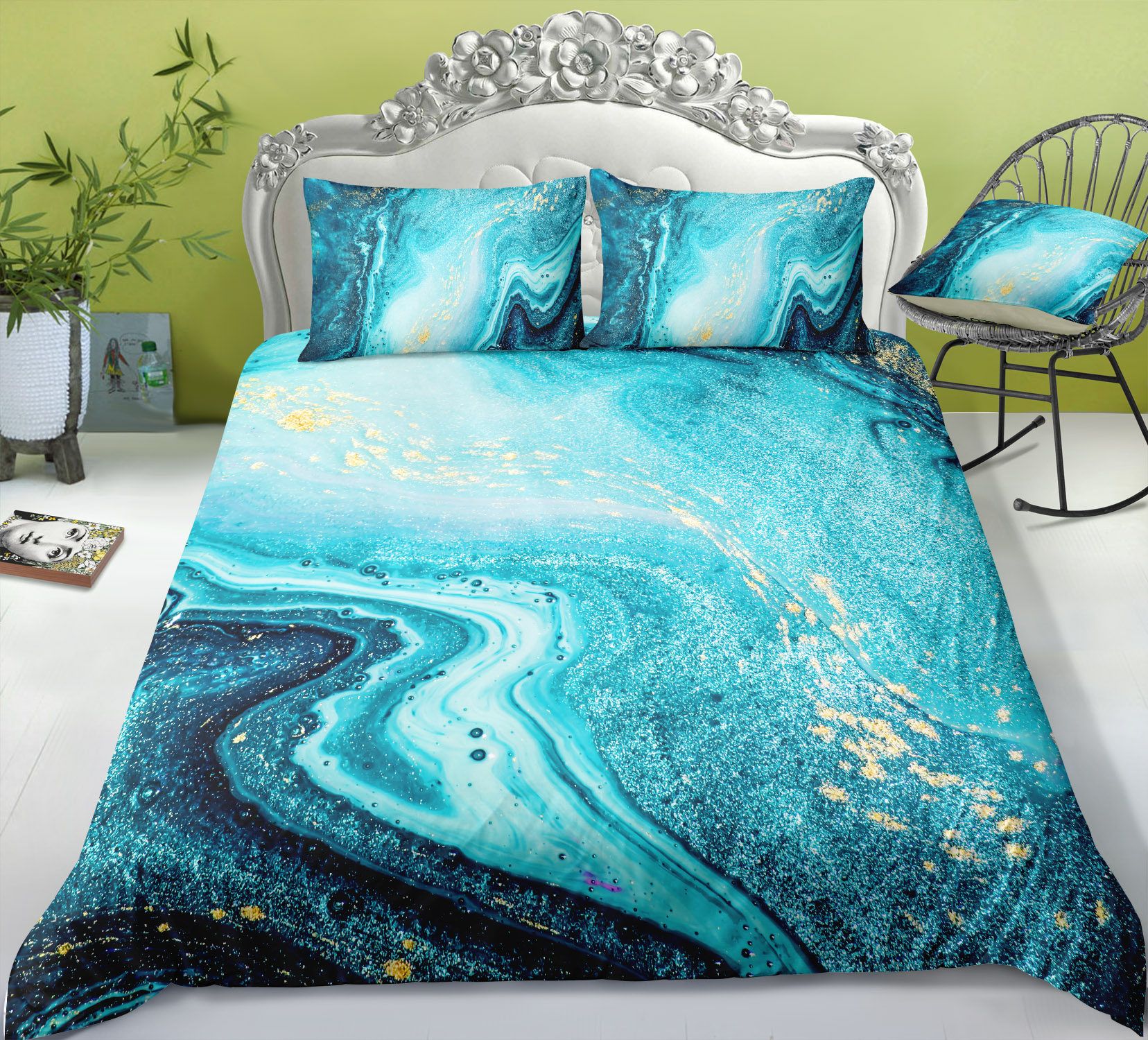 Blue Marble Bedding Set King Size, How To Put A Duvet Cover On King Size Bed