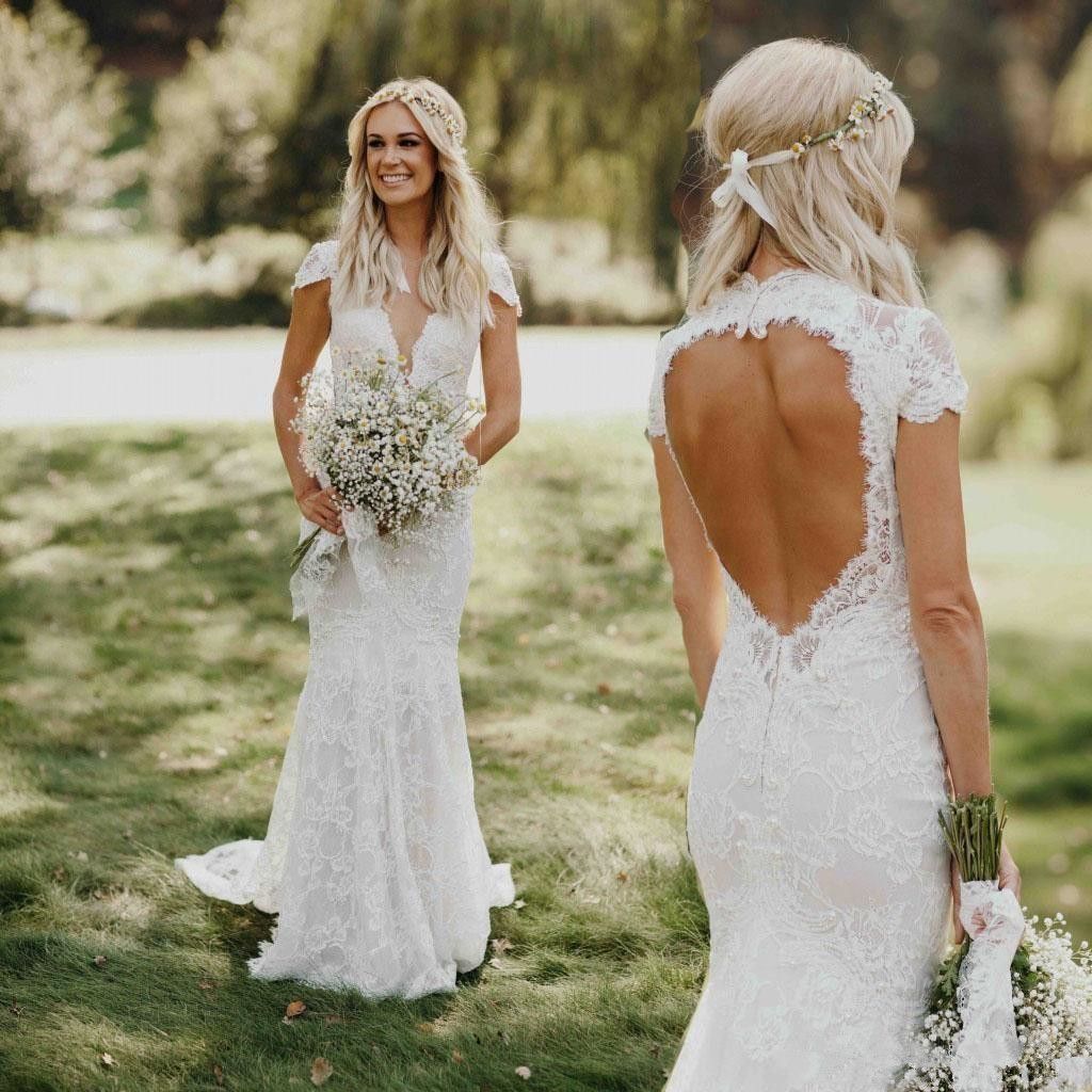 2019 Full Lace Mermaid Wedding Dresses Country Capped Sleeves