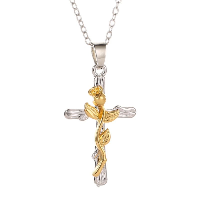 Whole Leaf Rose Flower Cross Pendant Necklace Silver Color - Rose Flower Cross Pendant Necklace Whole Leaf Rose Flower Cross Pendant Necklace Silver Color - Rose Flower Cross Pendant Necklace