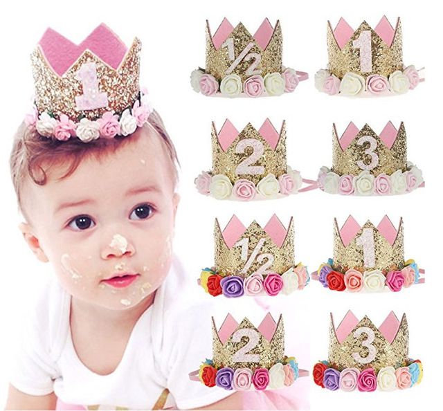 1st Baby Princess Tiara Crown,Baby Girls//Kids First Birthday Hat Sparkle Gold Flower Style with Artificial Rose Flower