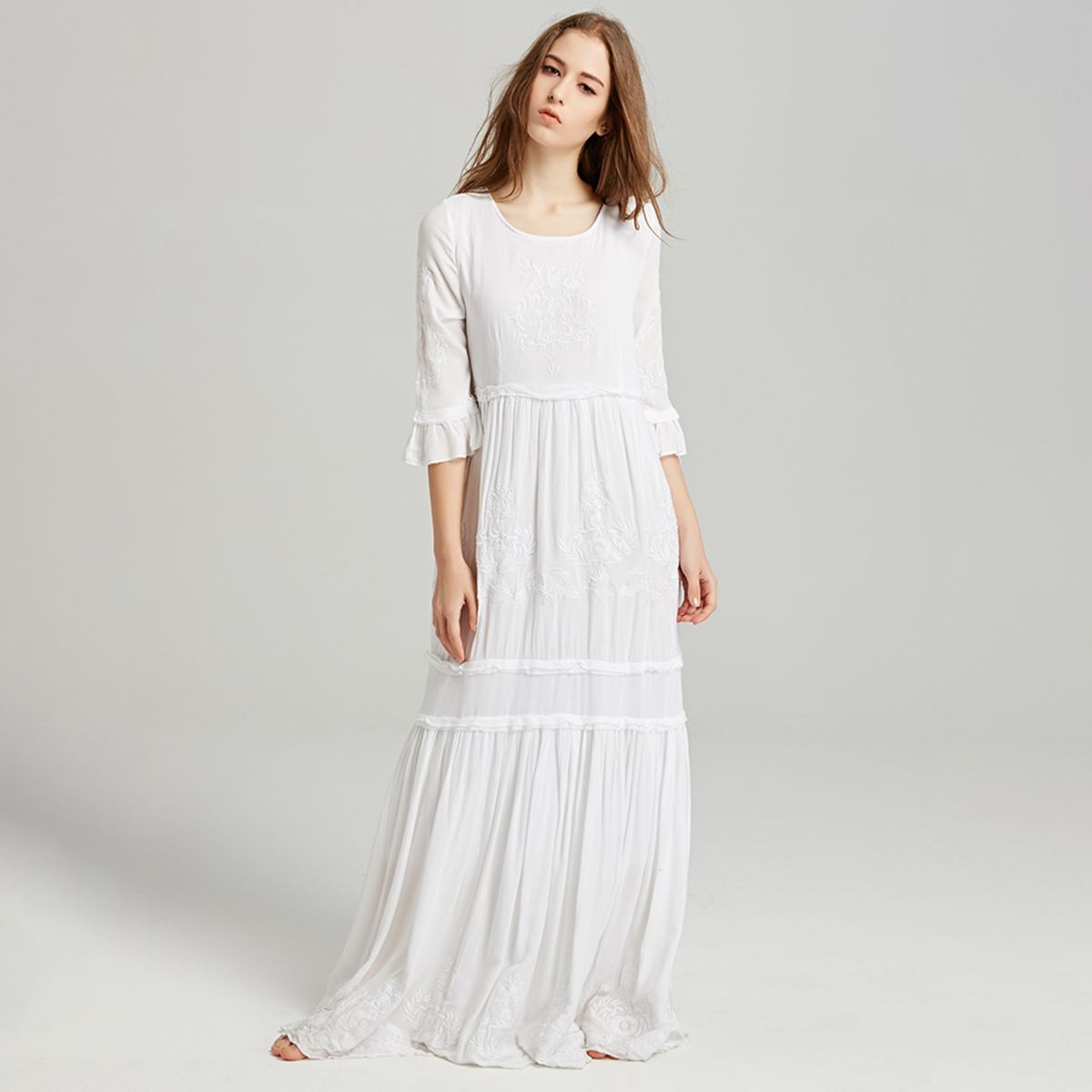 casual white maxi dress with sleeves