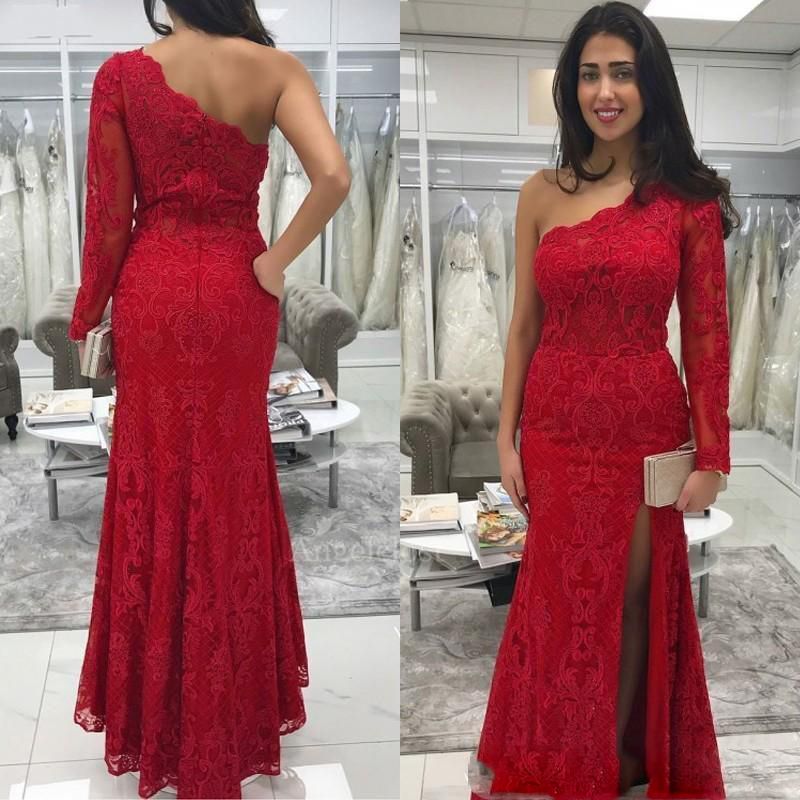 Rojo sirena vestidos de baile de una sola planta de manga larga de encaje simple de Rojo sirena vestidos de baile de una sola planta de manga larga de encaje simple de