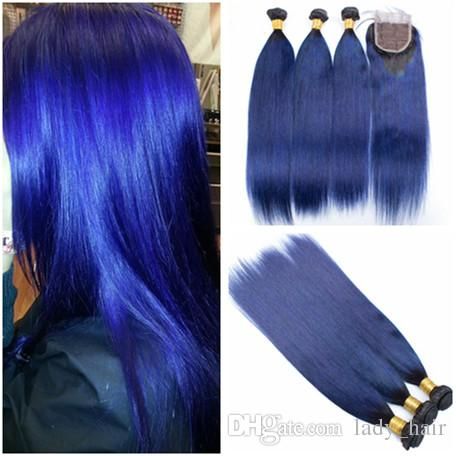 Virgin Brazilian Dark Blue Ombre Human Hair Weaves With Top Closure Straight 1b Blue Ombre 4x4 Front Lace Closure With Bundles Deals Best Curly Hair