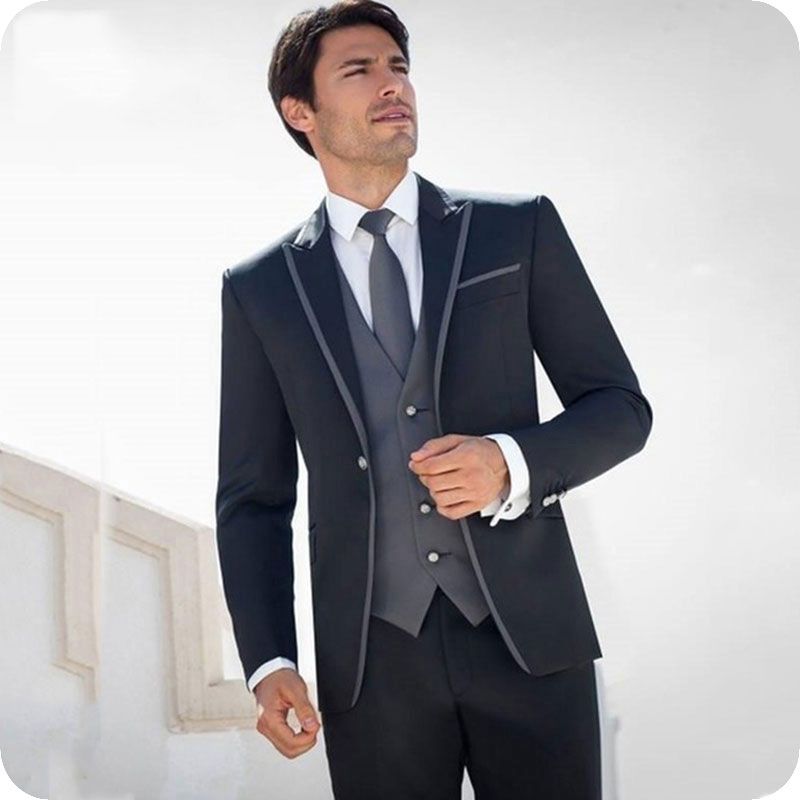 Acheter Veste Marine Gilet Pantalon Bleu Hommes Costumes Groom Costume De Mariage Blazers Gray Man Peaked Revers Itlaian Style Costume Homme Groomsmen