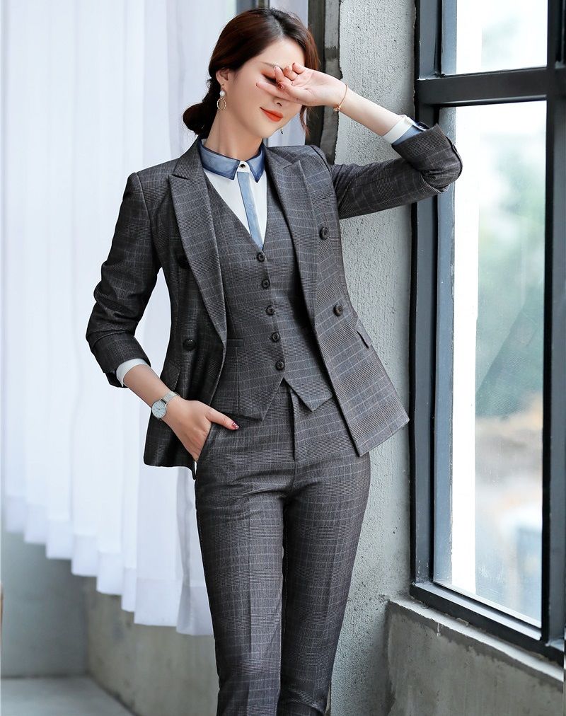 2021 Fashion Plaid Formal Set Women Business Suits With Jackets And ...