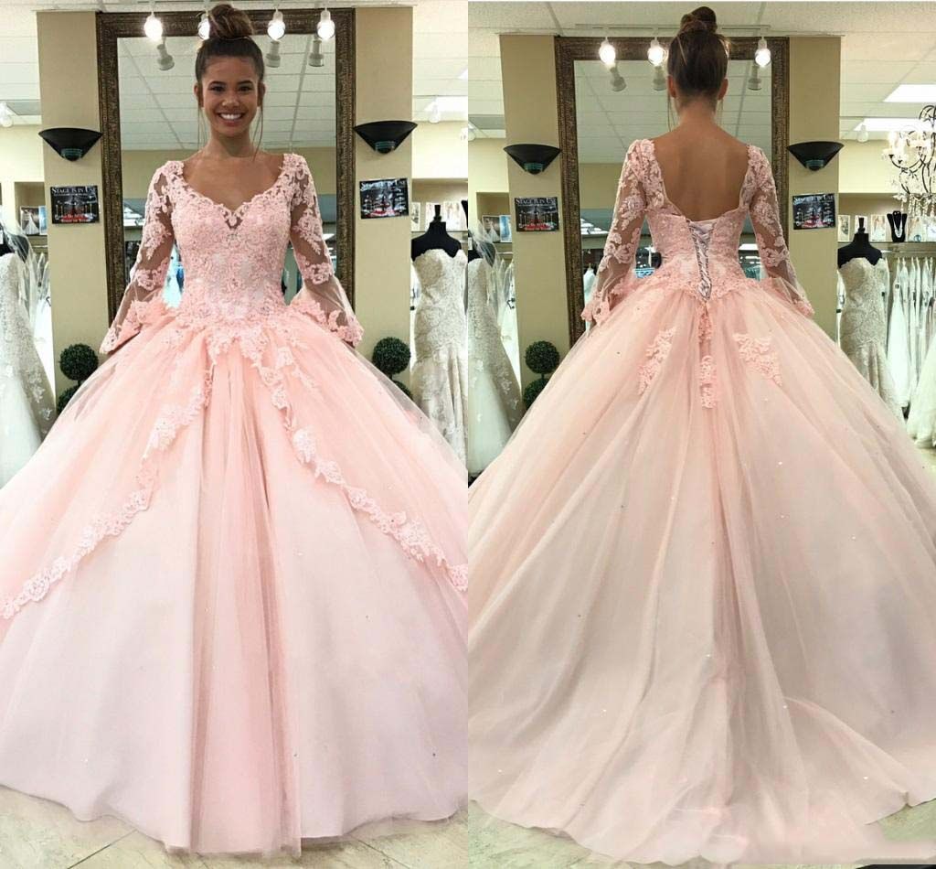 Compre Sweet 16 Girls Prom Dreses Pink Lace Appliqued Ball Vestido
