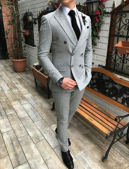 double breasted light grey suit