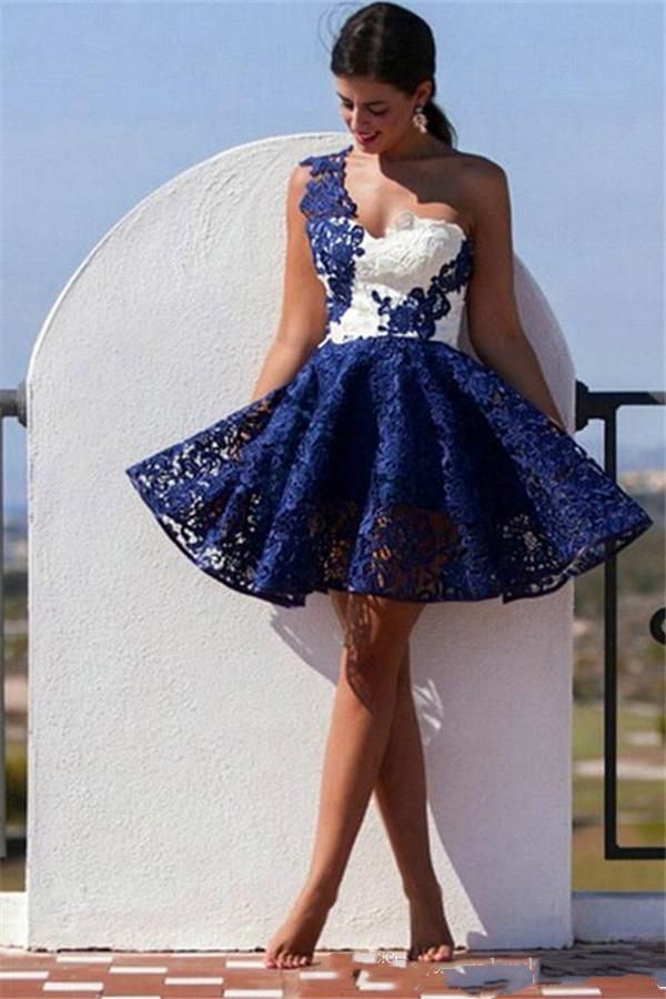 Corto vestido de fiesta de un hombro Blanco y azul marino azul de encaje una línea Corto vestido de fiesta de un hombro Blanco y azul marino azul de encaje una línea
