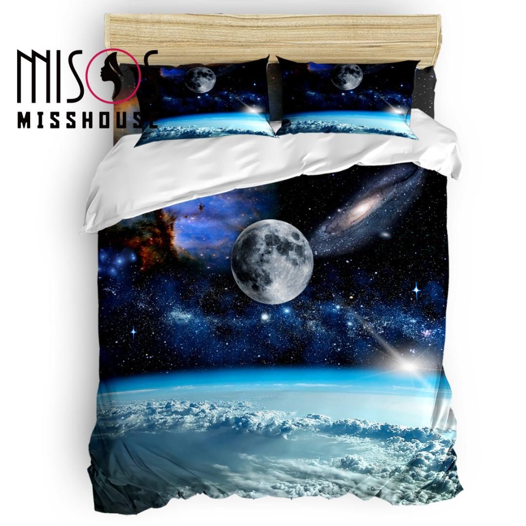 Misshouse Universe Galaxy Moon Duvet Cover Set Bed Sheets