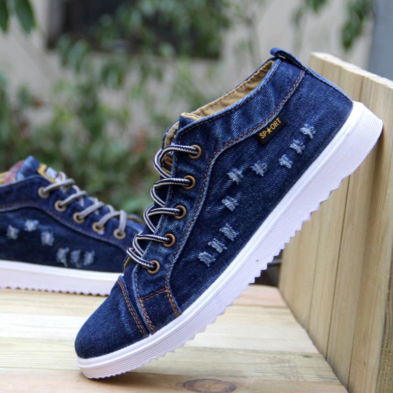 British Style Fashion Vintage Denim Jean Canvas Shoes Men High Top