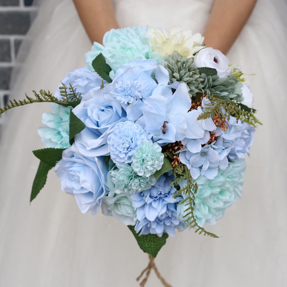 HS Bridal Light Blue Wedding Flores Mulheres Romântico Buquê de Noiva Rosa  Artificial Rosa Buquês de