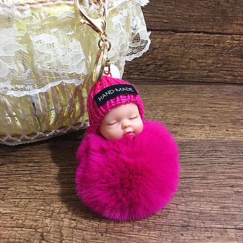Baby Doll Keychain Pompom Faux Fur Ball Car Keyring Baby Toy Key Chain