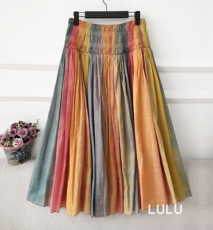 2020 Women Colorful 100 Cotton Long Skirt Pleated Half Skirts