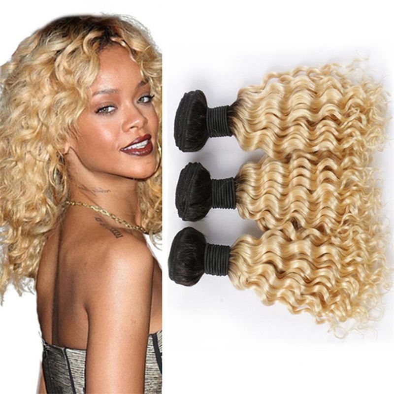 Dark Roots Blonde Ombre Virgin Indian Hair Weave Deep Wave Curly 2
