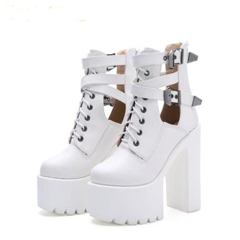 2019 Moda Mujer Botas Lace Up Tobillo Botas Patchwork Plataforma Zapatos Punk Ultra Alto