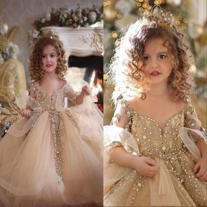 2019 Champagne Lace Appliqued Beaded A Line Flower Girl Dresses Vintage Off Shoulder Long Sleeves Girl Formal Dress Princess Birthday Party Flowers
